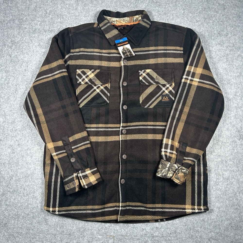 NWT Realtree Fleece Lumberjack Shirt Jacket Mens Size Large Brown Plaid Buttoned